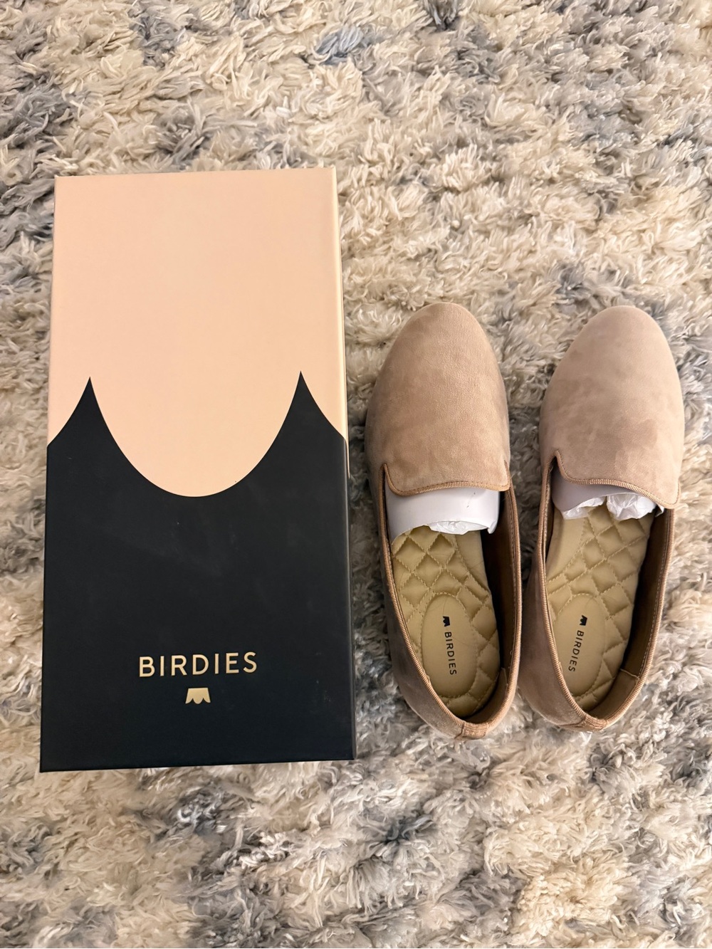 Birdies Taupe Slip-On Loafers — Neutral Suede-Look Flats